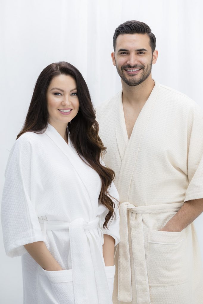 Sobel Bliss Urbana robe man and woman models in kimono luxury bathrobes