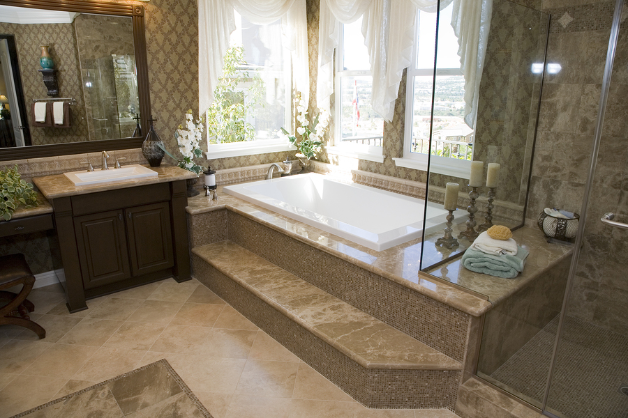 wallpaper and tile tastefully decorated designer bathroom