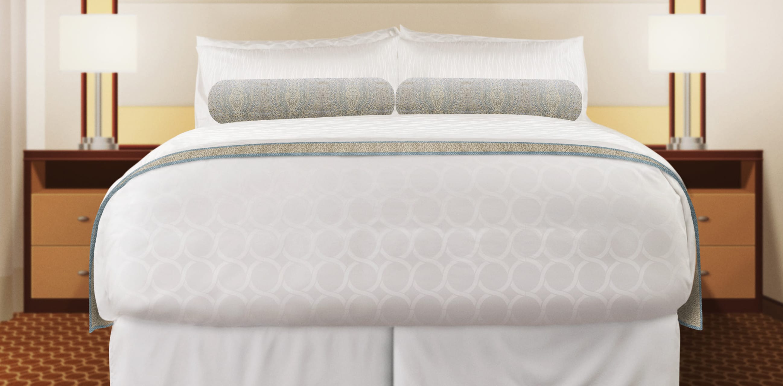 Sobel Westex bed linens and bed pillows on a beautiful bed in Princess Cruises cabin