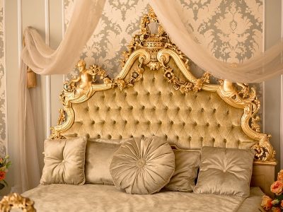 Royal bedroom interior. Interior of classic style bedroom in luxury villa. Beautiful royal and classical living room interior with a large bed in expensive apartment.