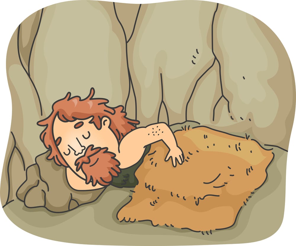 Illustration of a Caveman Soundly Sleeping on a hard rock for a pillow under a woolly blanket