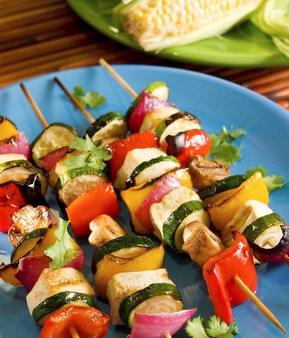 skewered kebabs with fresh veggies and tofu