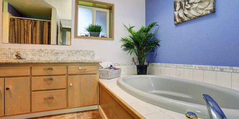 Simple and summery blue bathroom interior with tile trim bath tub and decorative plant pots