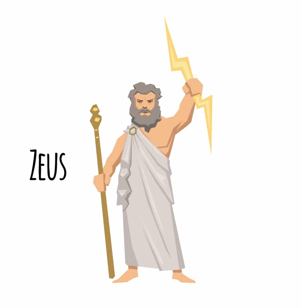 Zeus image showing white toga made with sheet, clasp and a staff and lightning bolt as props