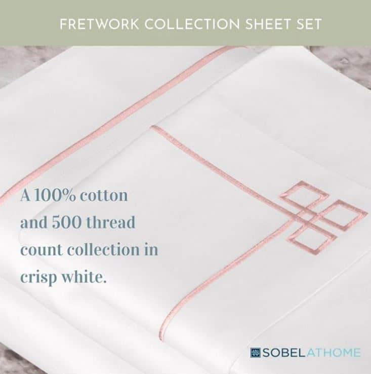 Embroidered Sobel Westex Fretwork collection bed sheet folded on display