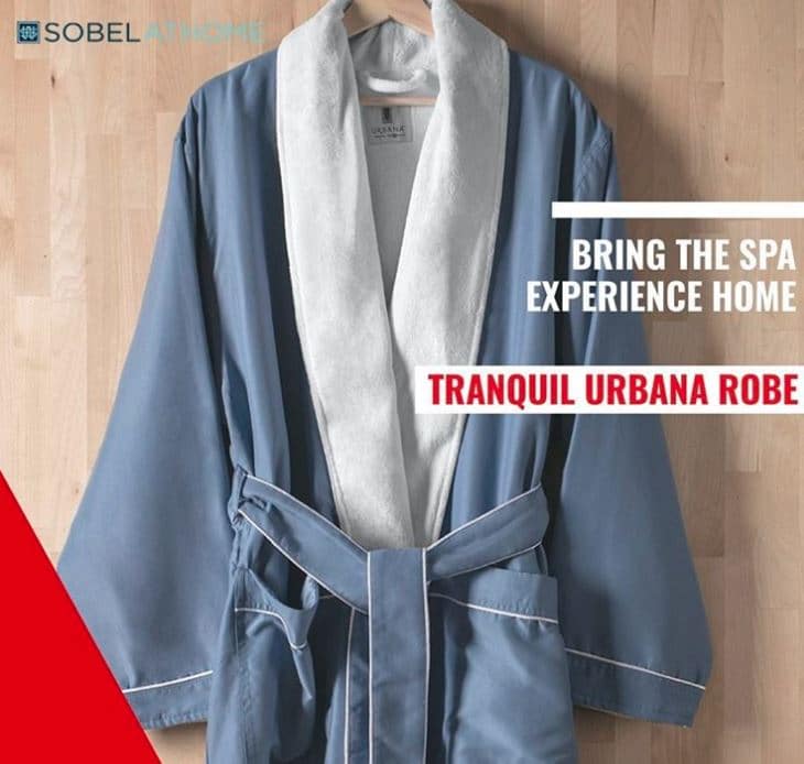 beautiful blue and white Sobel Westex Tranquil Urbana spa robe on hangar