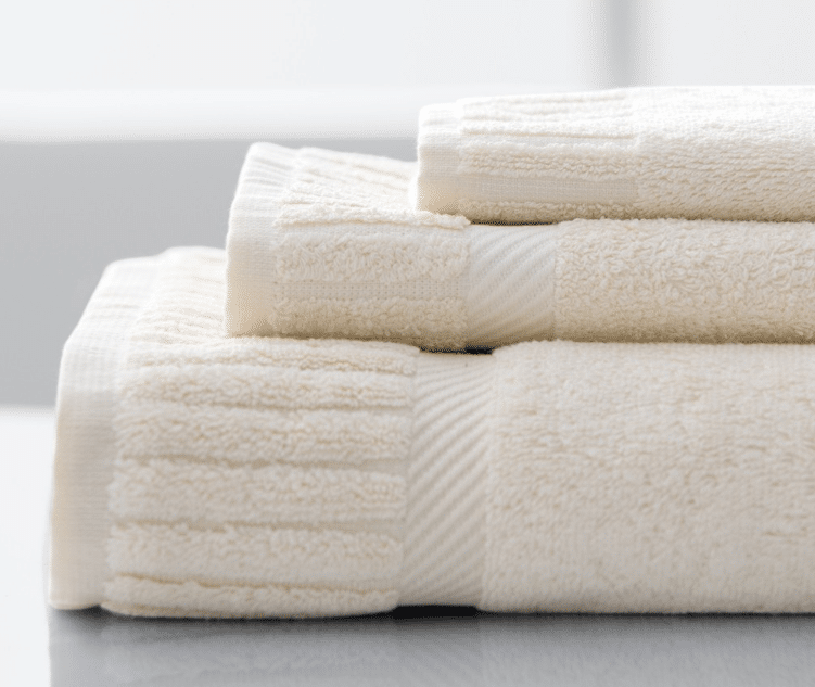 Stack of luxury towel set Sobella bath set by Sobel Westex color is ecru
