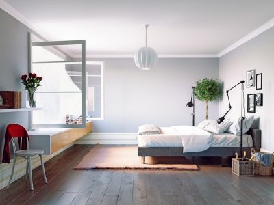 Modern bedroom interior with open window fresh air