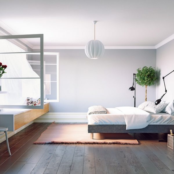 Modern bedroom interior with open window fresh air