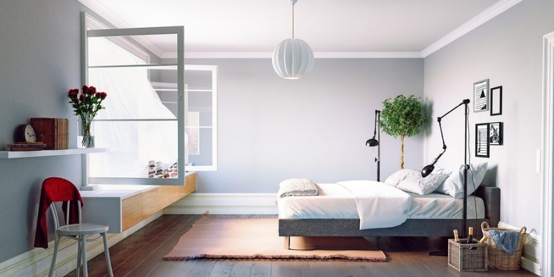 Modern bedroom interior with open window fresh air