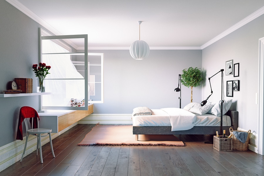 Modern bedroom interior with open window fresh air