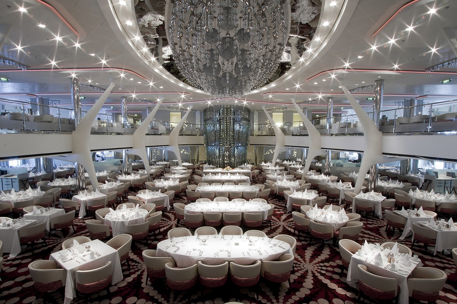 A magnificent open dining room on board a luxury cruise ship
