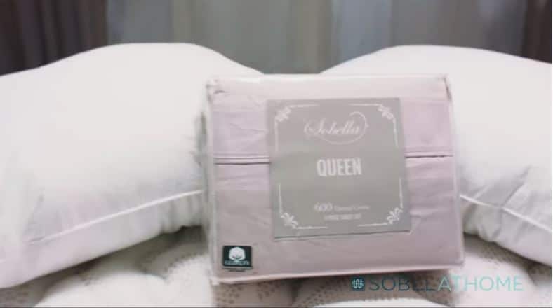 Product shot of Sobella sateen bed sheet set on Sobel Westex hotel pillows