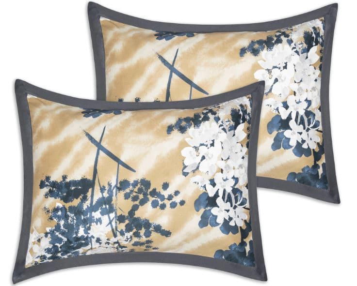 Sobel at Home Hana Dream comforter pillows in Asian floral blue, gold, white and gray