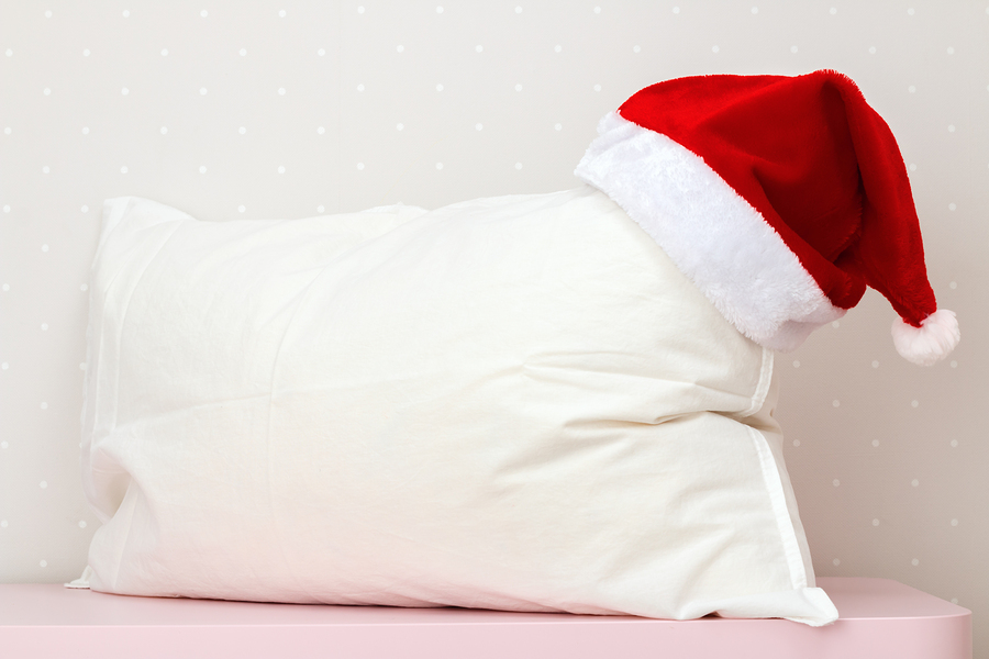 closeup of a quality pillow with a santa hat given as a holiday gift