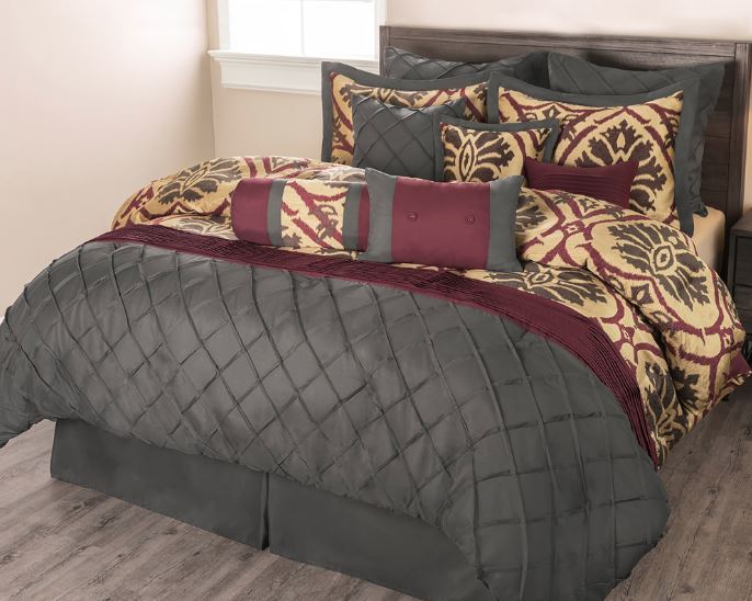 Gray,maroon, gold and olive green 11 piece VIno Rosso comforter set by Sobel Westex