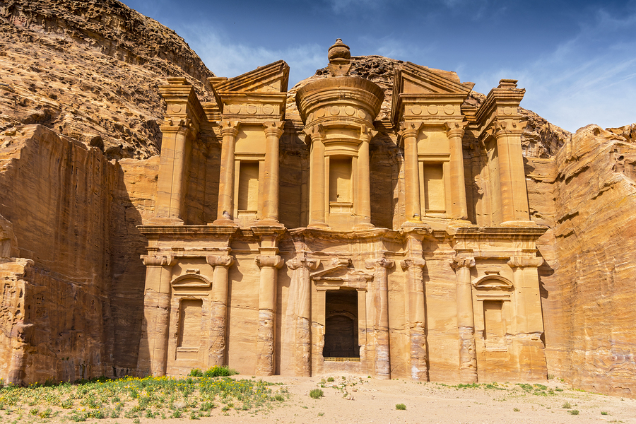 Ancient tomb carved in the rock, Ed Deir (The Monastery) Petra, Jordan, Asia.