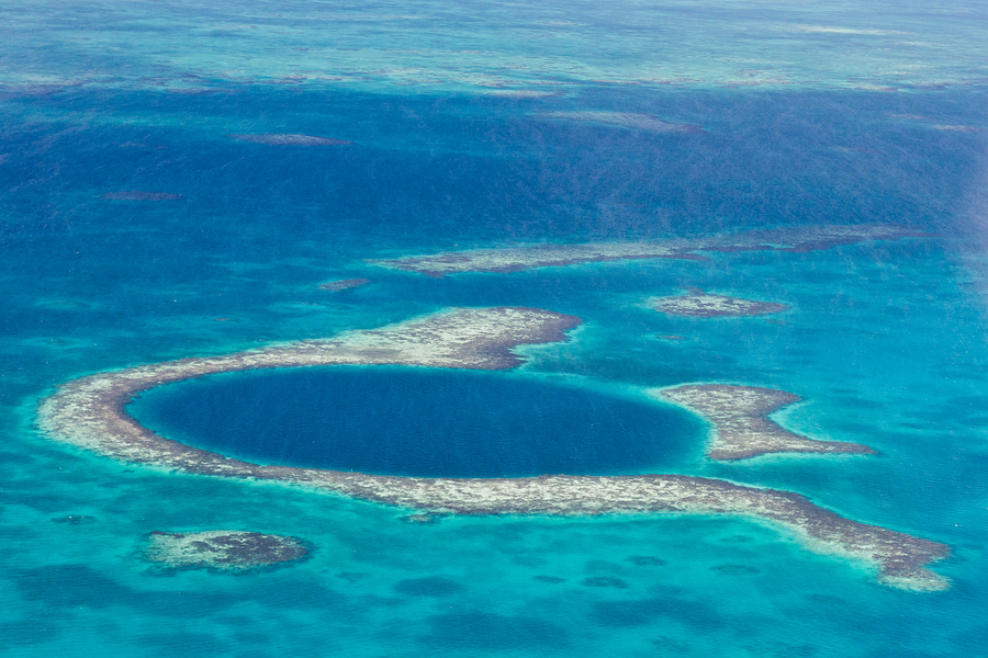 aerial view of the great blue hole of the coast of Belize
