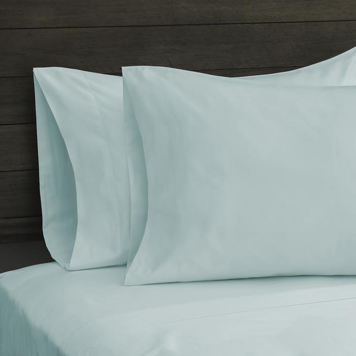 Cool blue Sobel Westex egyptian cotton sheets and pillowcases on bed