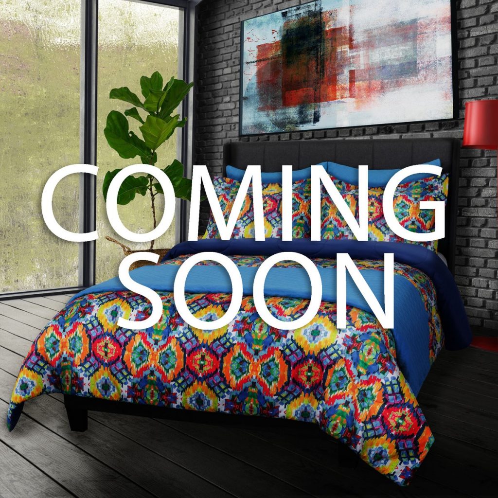 Colorful primary colors Lifestyle comforter set collaboration series with David Bromstad for Sobel Westex labeled "coming soon"