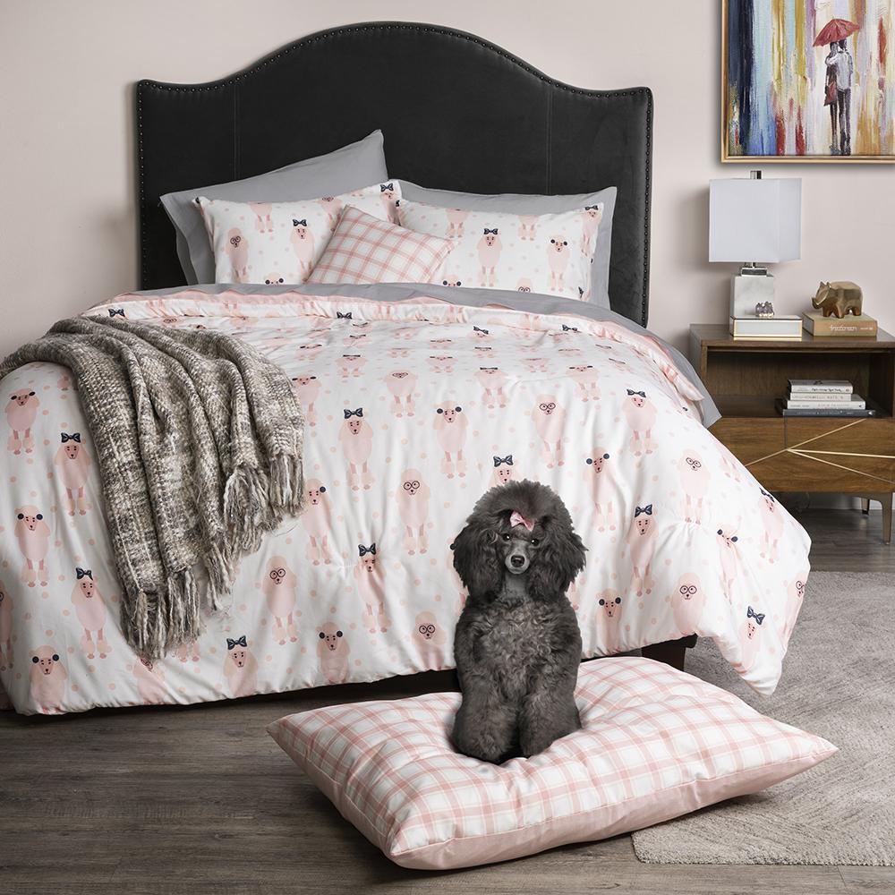 Sobel Westex and Cesar Millan collaboration series Pink Lady dog themed comforter set in pinks and grays with dog bed with poodle posing on it