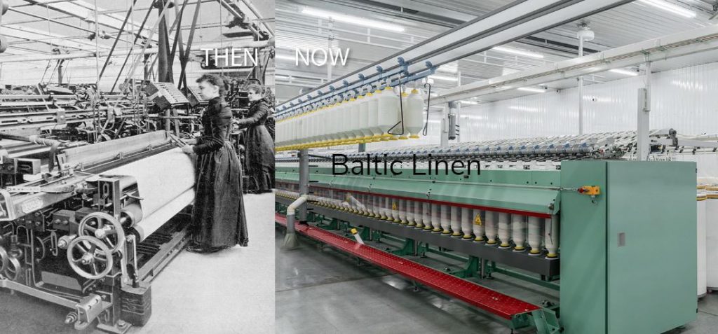 Baltic LInen factory in 1930s with women workers at weaving machinesand now old and today modern automated American textile fabory