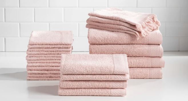 Baltic Linen 24 piece Belvedere towel set in pink folded display