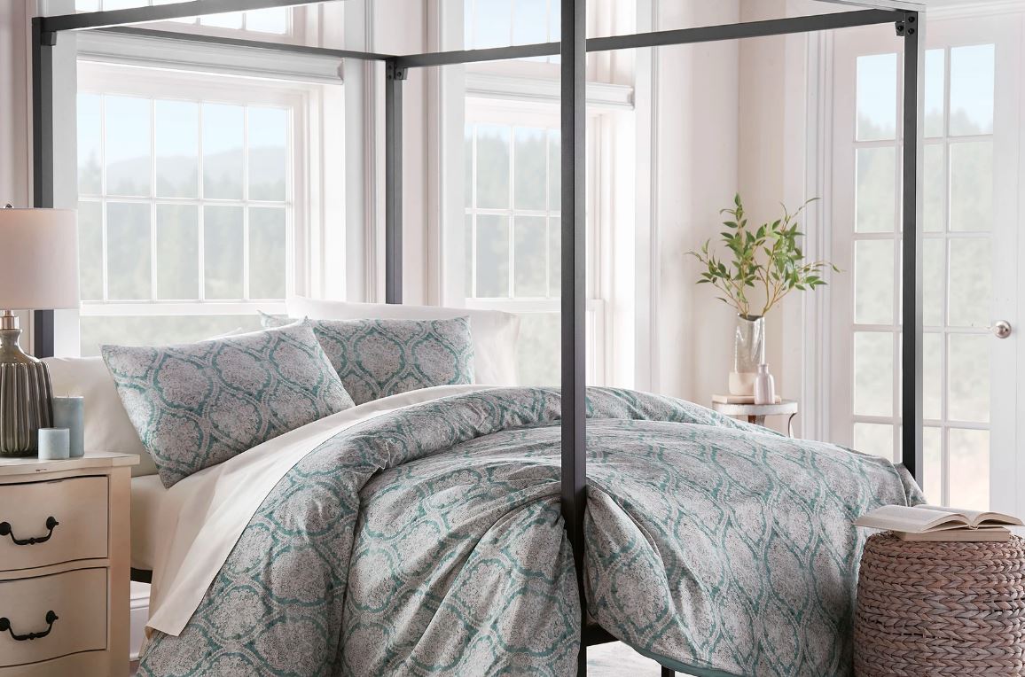 Sobel Westex Duchess Collection Emerald Damask comforter in green white and pink on a four poster bed