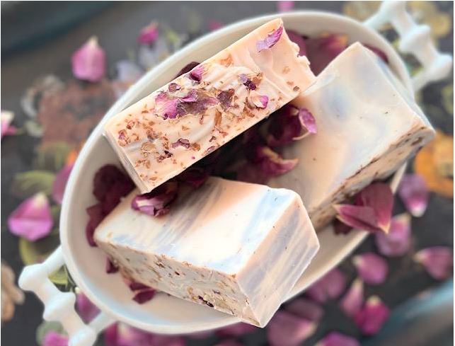 Sobel Westex Urbana Spa organic soap tea infused three cakes covered with purple lavender leaves