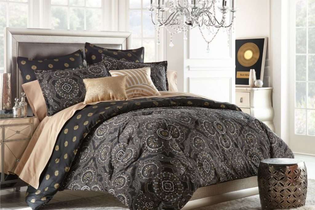 Sobel Westex Hard Rock Bedding Collection Diva bed set in grays and golds in stylish bedroom