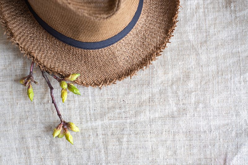 Top view of Summer brown panama straw hat with flower plant on organic linen