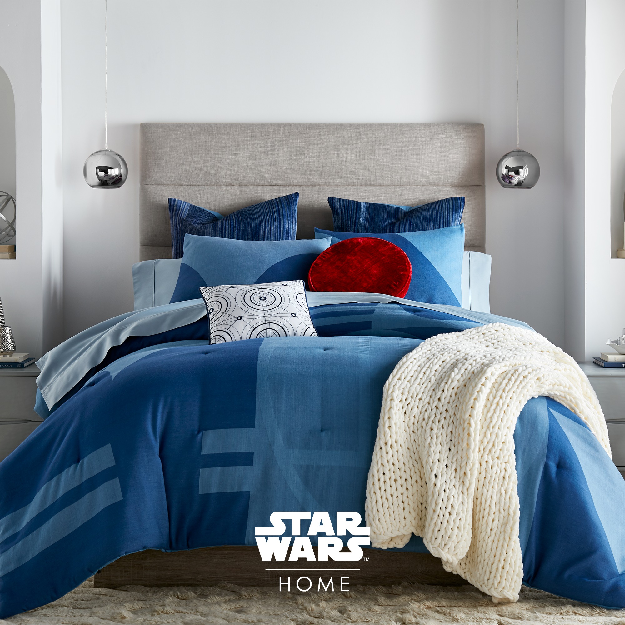 Sobel Westex Star Wars™ Astormech bedding collection foot view metallic blues,white Light Galaxy throw and round red eye pillow