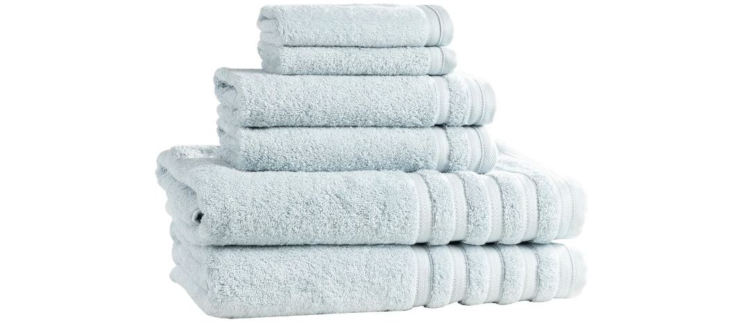 ice blue cotton face washcloths, hand towels, and bath towels in this set of 6 bath linens for sensitive skin.