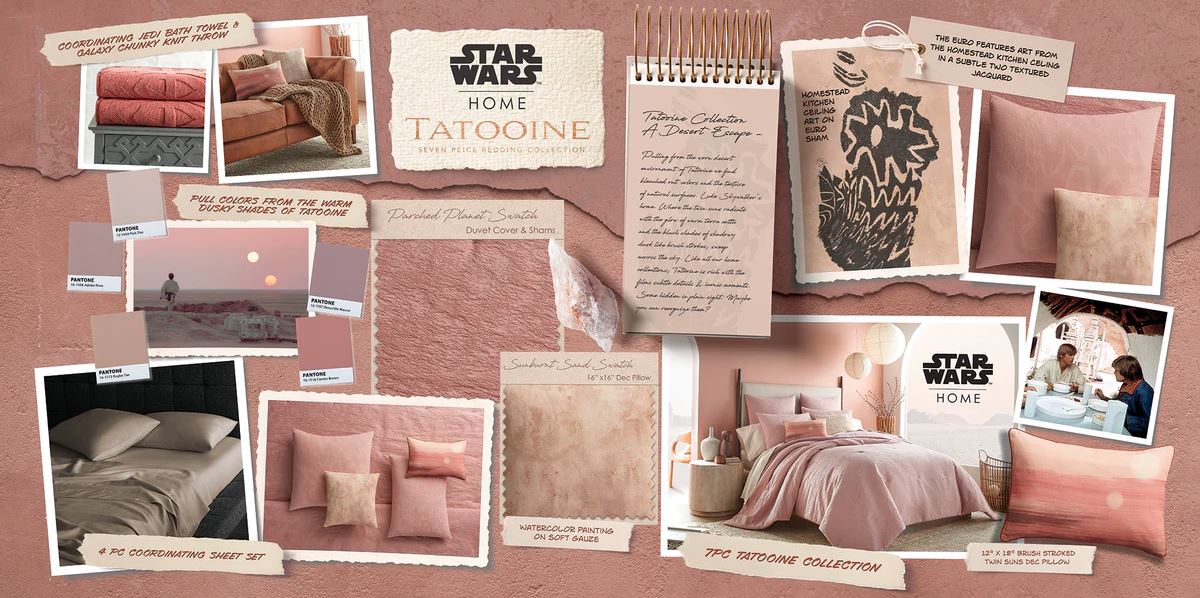 A visual masterpiece: our luxury bedding set inspired by a galaxy far, far away, comes to life in this captivating Tatooine™ concept board.