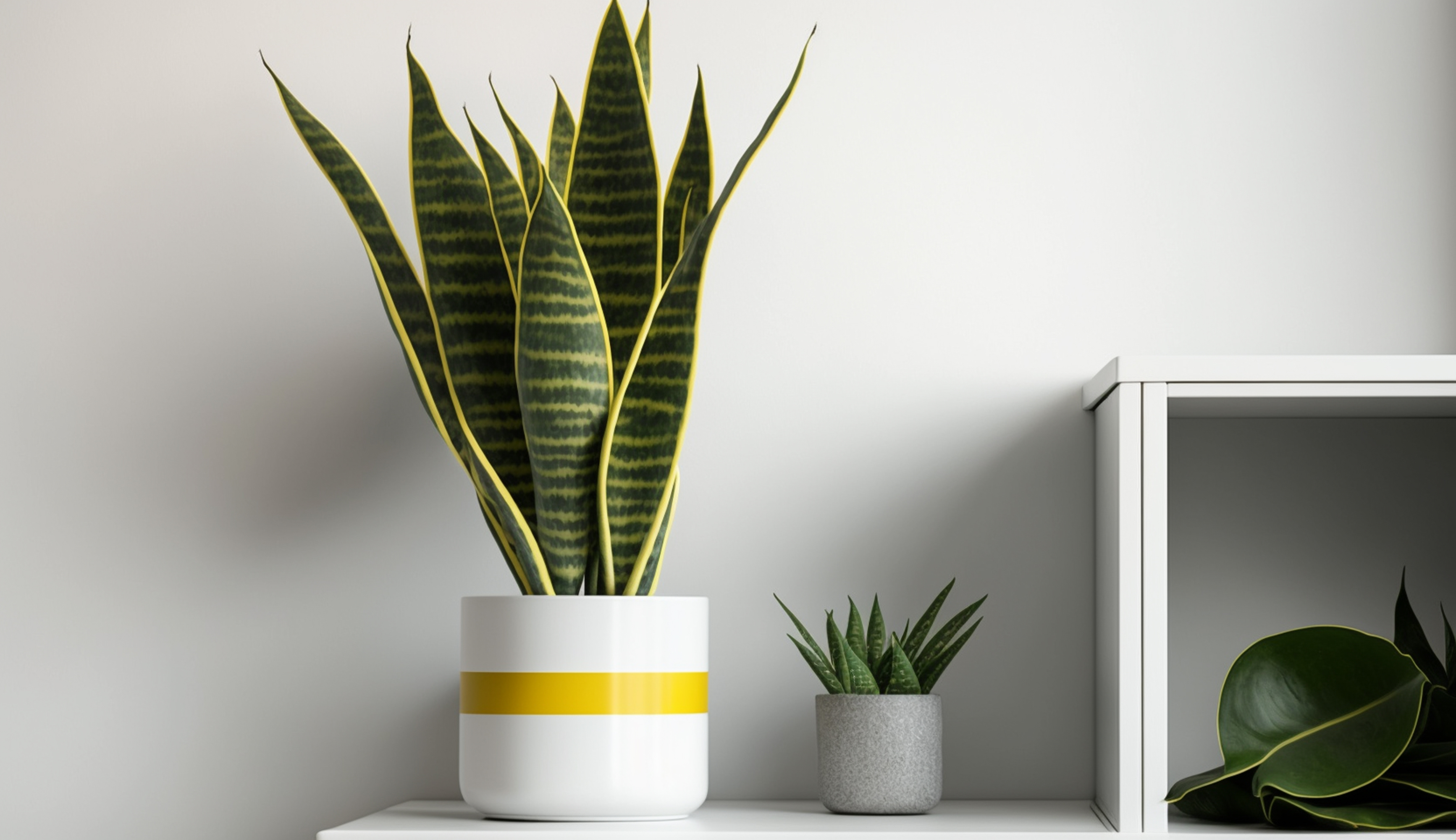 Snake Plant: Hardy indoor greenery with tall, stiff leaves, known for air-purifying qualities. A resilient and stylish addition to bedroom decor